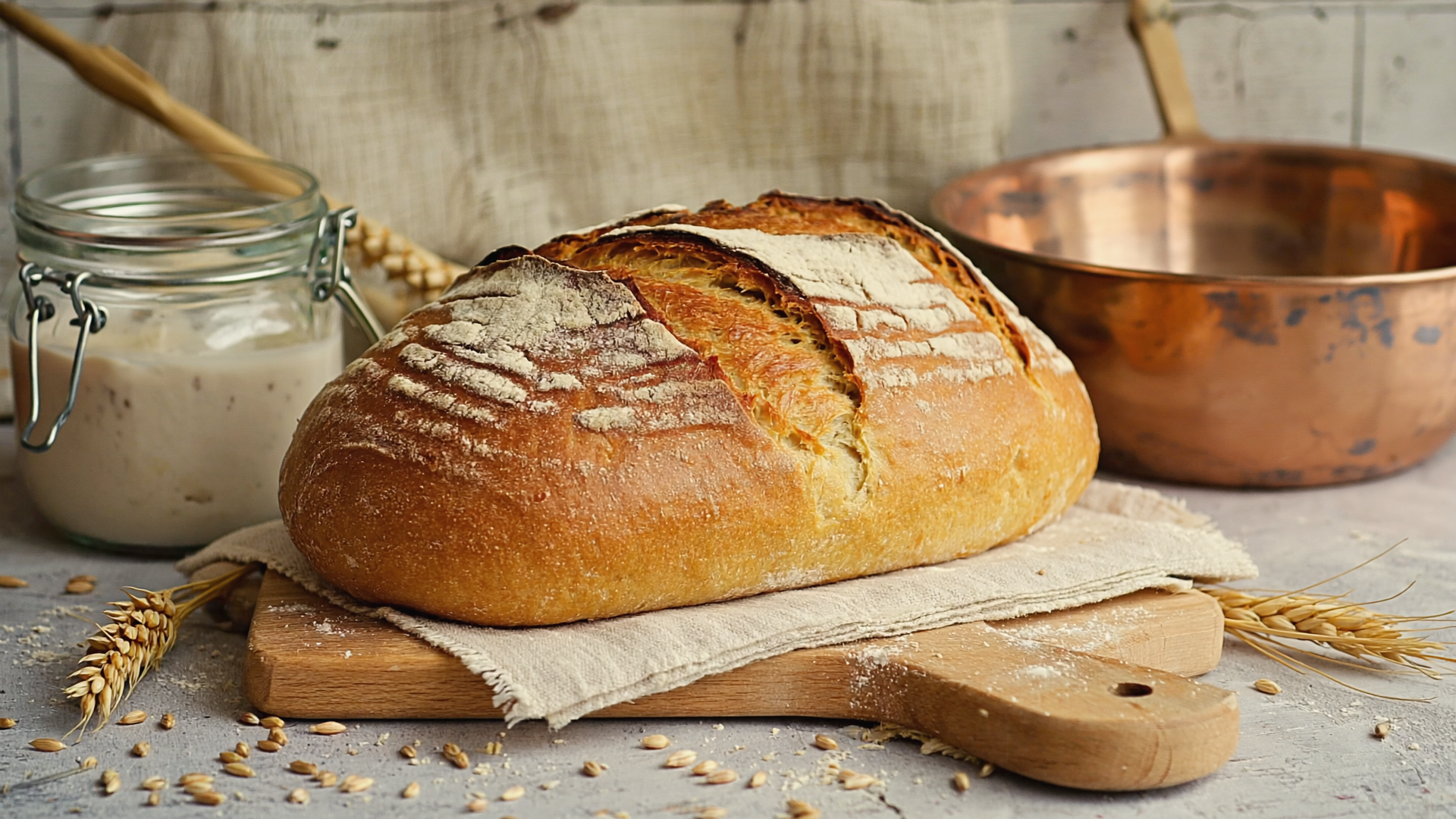 Frisch gebackenes Sauerteig-Brot mit goldener Kruste auf Leinen.